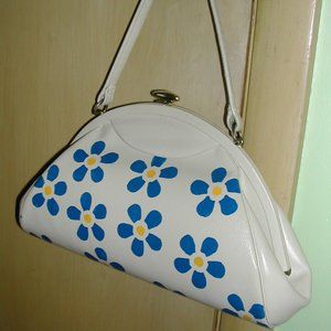 Vintage Beige Vinyl Handbag Hand Painted with Modern Blue Flowers